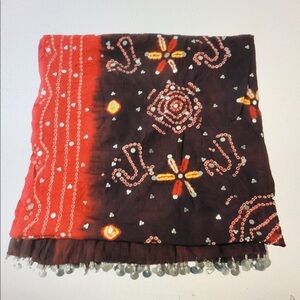 Red and Brown Patterned Indian Scarf or Shawl with Metallic Beaded Trim